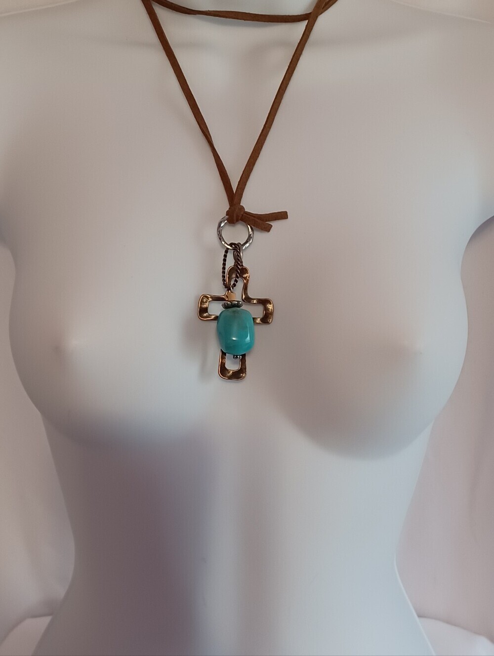 Turquoise Stone Cross Pendant Necklace Suede Leather Cord
